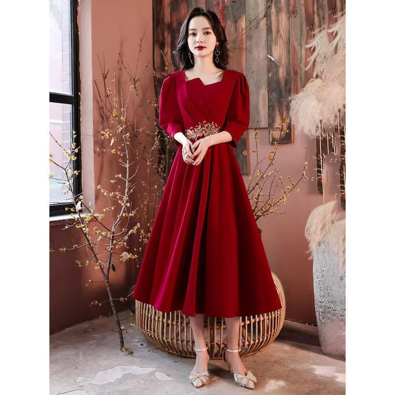 Gaun pengantin bersulang gaun pengantin baru, mungil, merah anggur, temperamen elegan, pertunangan r