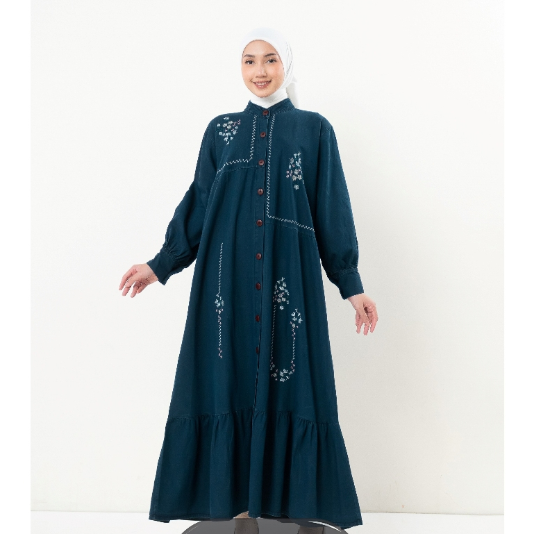 Amora Gamis Denim Bordir Mewah Dress Pesta Elegant Gamis Busui/Wudhu Friendly Dress Lebaran