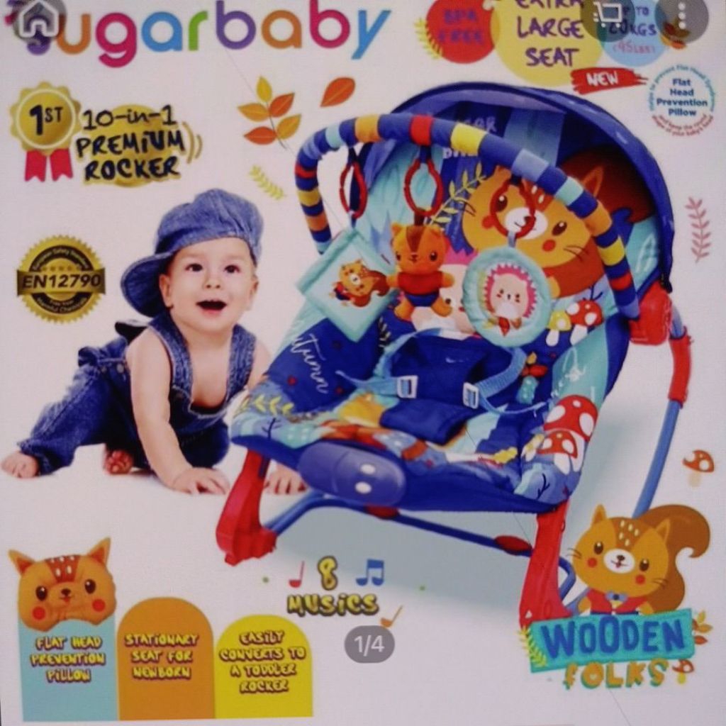 PRELOVED Sugar Baby 10 in 1 Premium Rocker Bouncer - wooden folks BLUE - Ayunan Bayi - kursi goyang 
