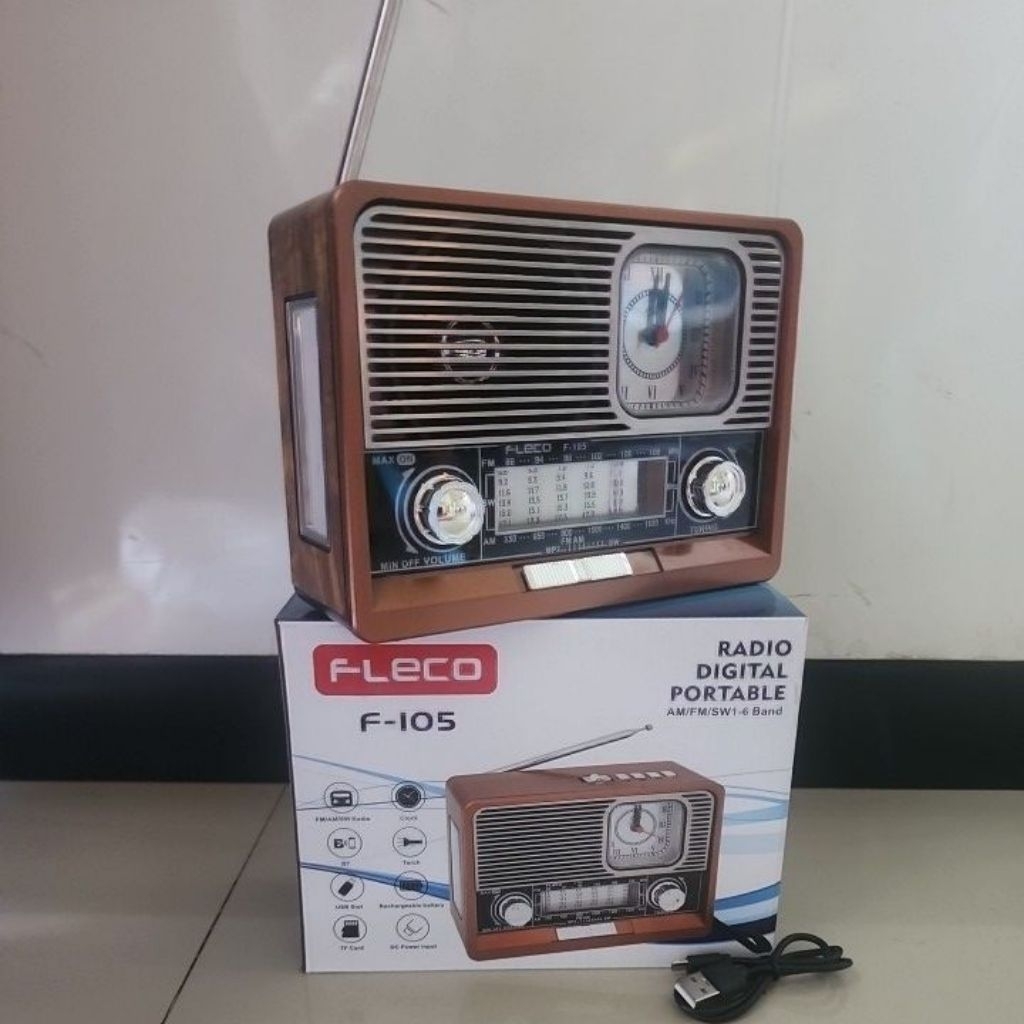 Radio Klasik retro USB BLUETOOTH cas portable Fleco 105 senter + jam