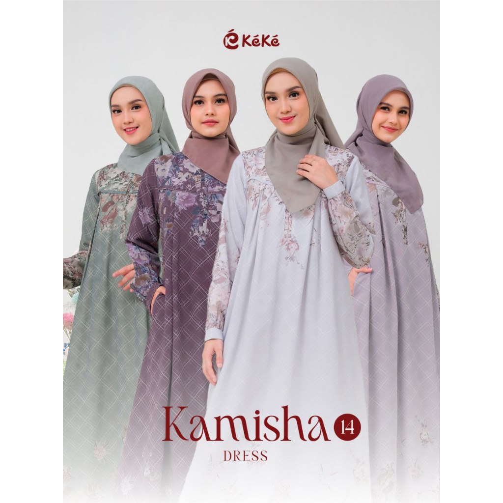 GAMIS KAMISHA 14 MAUVE, PASTEL GREEN, DEEP MAUVE, LIGHT GREY BUSANA MUSLIM WANITA DRESS DAILY