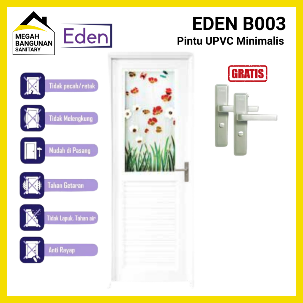 Pintu EDEN UPVC B003 Pintu Kamar Mandi Toilet EDEN Pintu Putih Minimalis 70X198 CM
