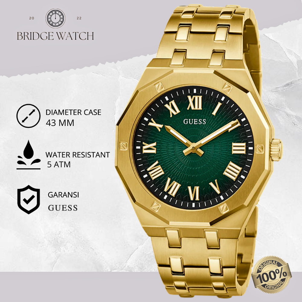 Jam Tangan Pria Guess GW0575G2 Green Dial Gold Stainless Steel Strap Rantai Mewah Original