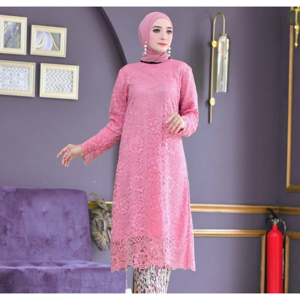 Dusty Pink Atasan Kebaya Longcape / Atasan Kebaya Tunik Brokat Wanita Modern