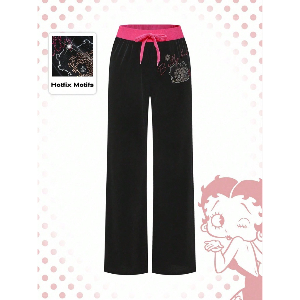 Betty Boop Y2K Rhinestone Contrast Color Loose Fit Ultra Low Rise Women Pants
