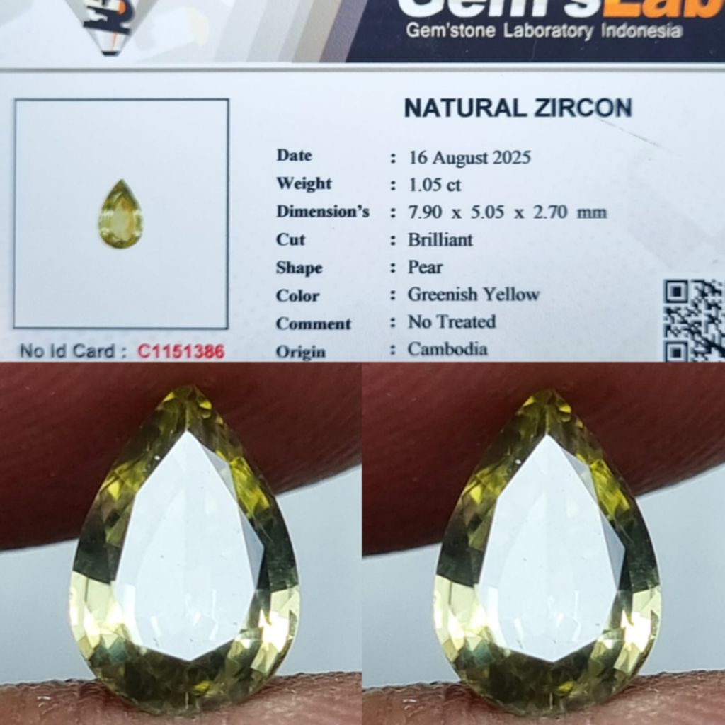 NATURAL BATU ZIRCON GREENISH YELLOW CAMBODIA MEMO GLI LAB