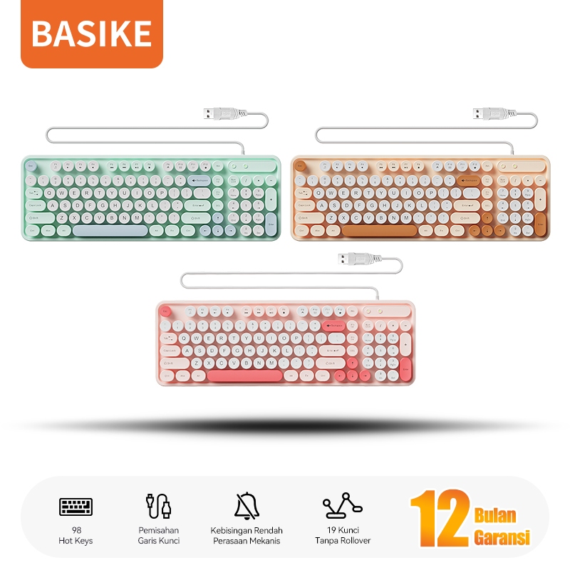 BASIKE Keyboard berkabel Macarons Gaming 98 keys kabel USB 1.5M for Office Laptop Komputer Mac