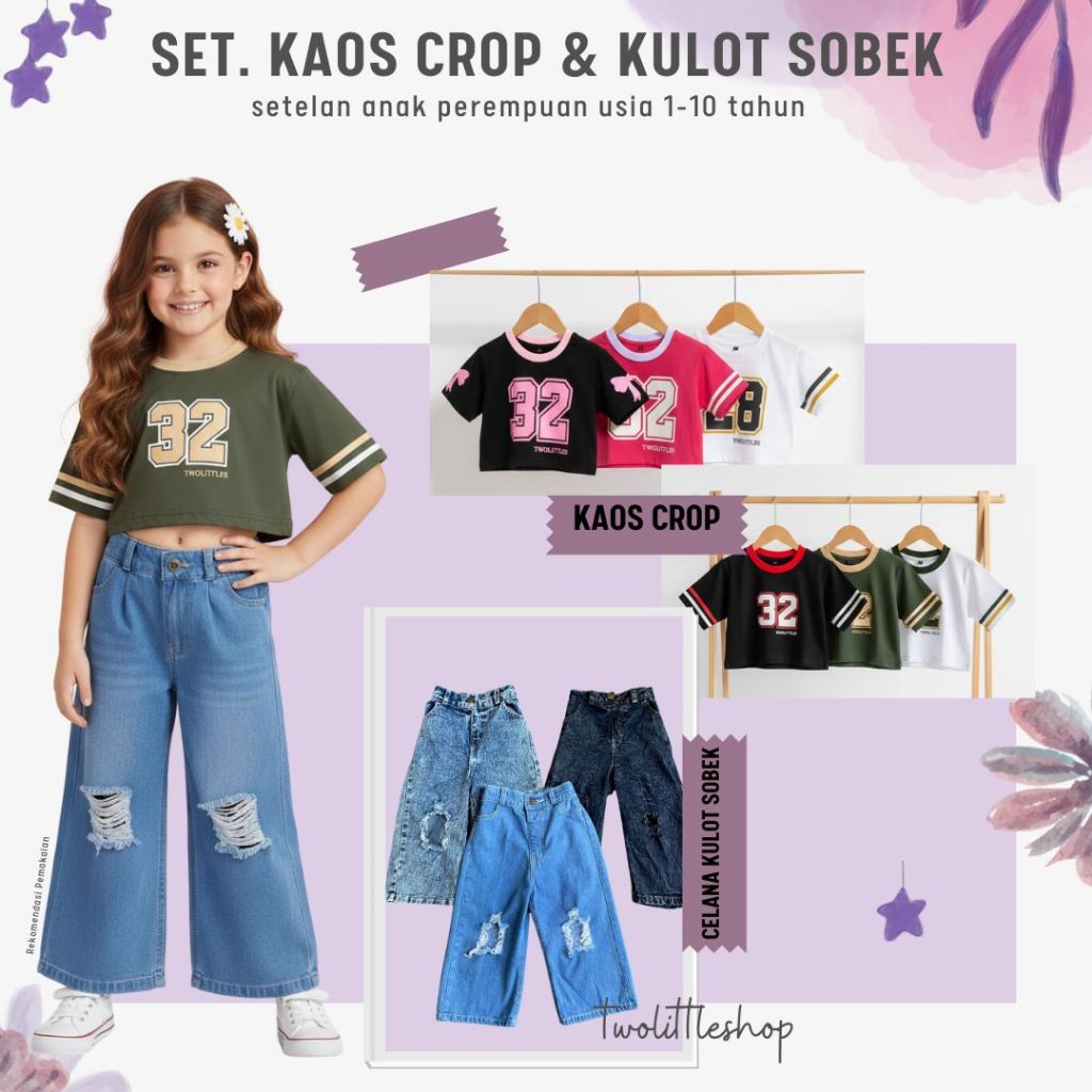 SETELAN KAOS OBLONG CROP SABLON & KULOT SOBEK BIRU MUDA