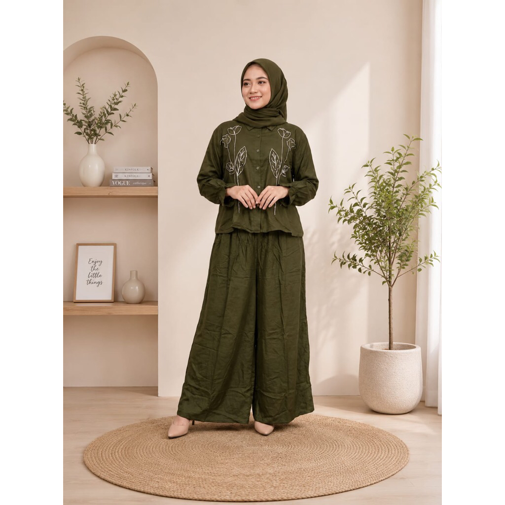 SAFIRA ONE SET/ SETCEL KULOT WANITA BORDIR BUNGA BAHAN RAYON TWILL PREMIUM