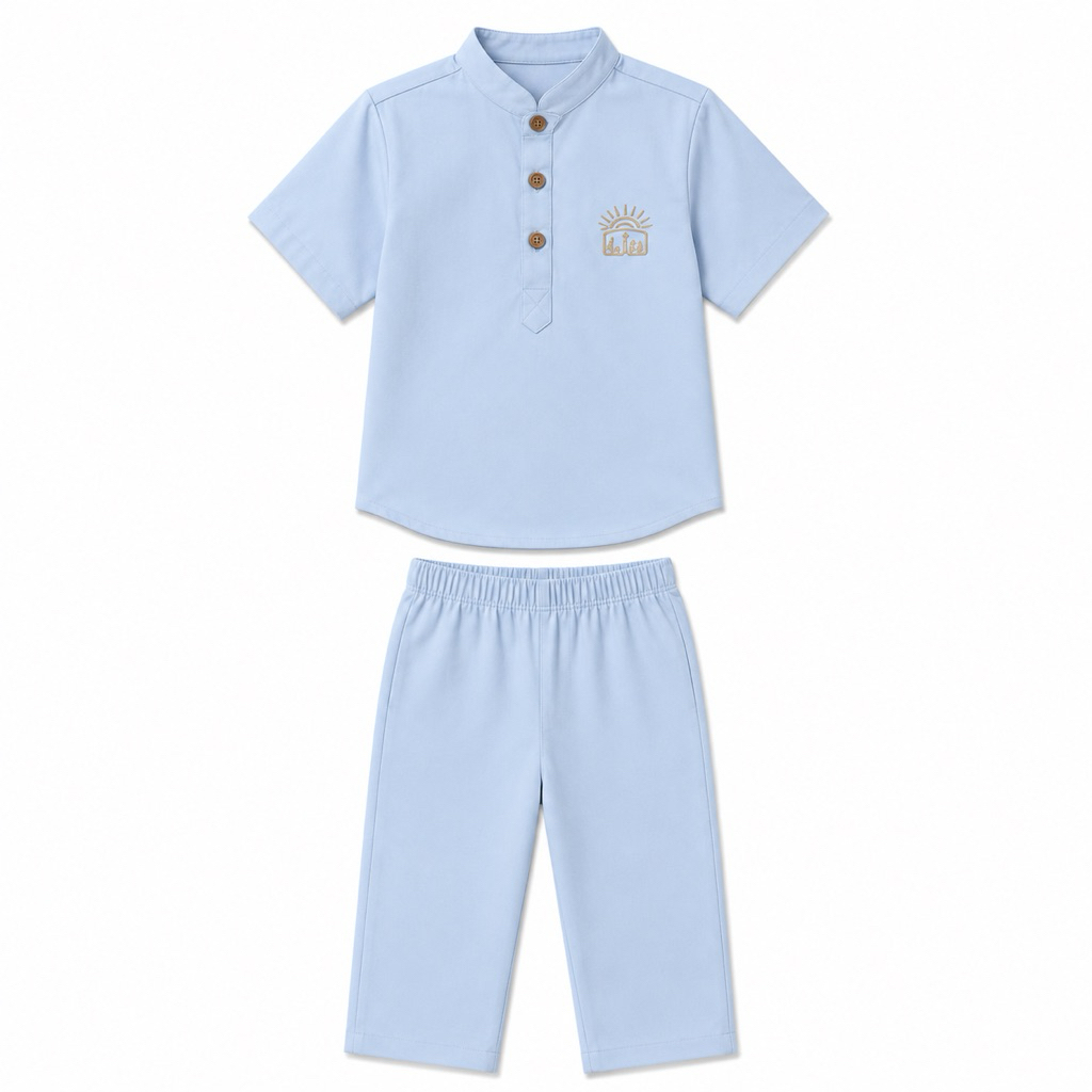 Setelan Baju Koko Kurta Anak Biru Langit Lengan Pendek | Baju Muslim Polos Bordir Saku | Kerah Shang