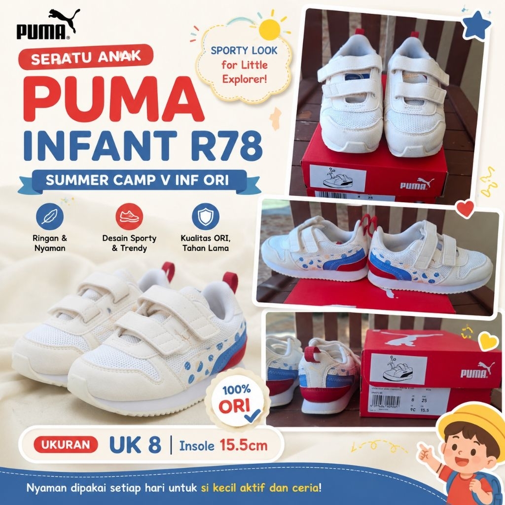 Sepatu anak ori Puma Infant R78 Summer Camp V Inf Warm White Black Shoes (Uk 8 / 16cm)