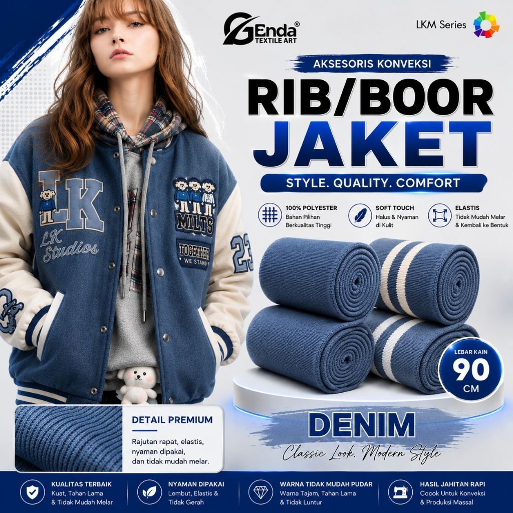 Kain rib bur jaket polyestet denim blue untuk karet kerah lengan dan pinggang jaket rajut premium
