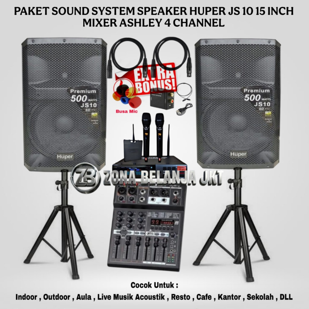 PAKET SOUND SYSTEM KAROAKE LIVE MUSIK SPEAKER HUPER JS10 15 INCH MIXER ASHELEY 4 CHANNEL USB BLUETOO