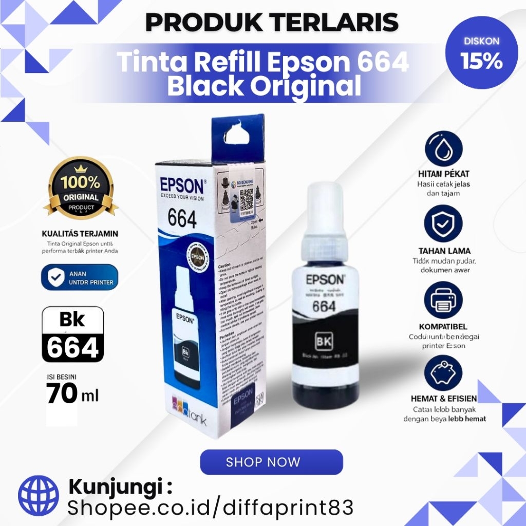 Tinta Printer Epson 664 Original L100-L110-L120-L121-L200-L210-L220-L300-L310-L350-L355-L360-L365-L3
