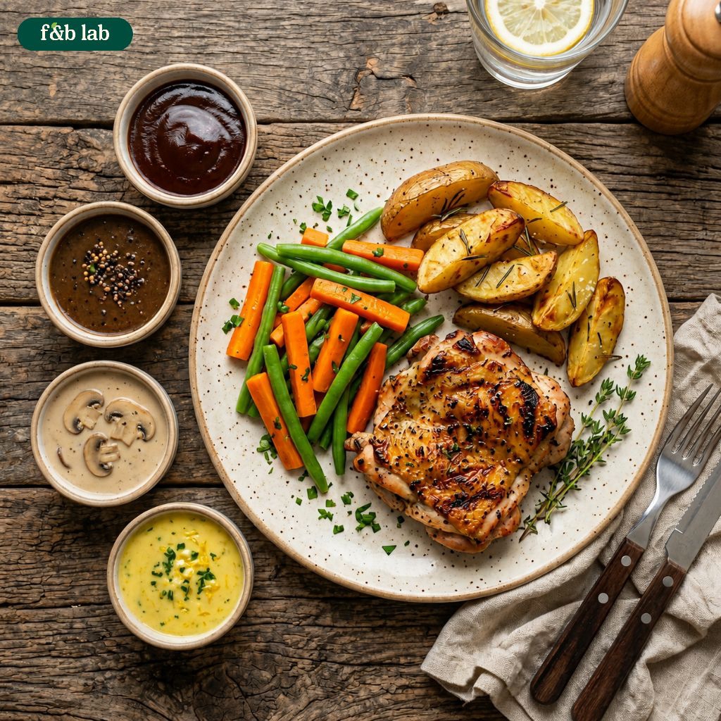 PROMO F&B Lab - Lunch Box: Chicken Steak + Rice/Potato + Mix. Veggies + Mix. Fruits (Paket Steak Aya