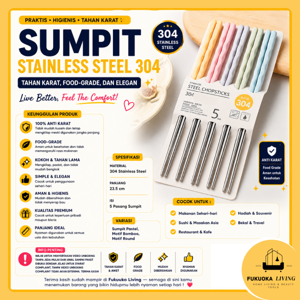 [FUKUOKA] SET isi 5 Pasang Sumpit Stainless Korean Chopstick Premium Best Quality 304 Anti Karat Ala