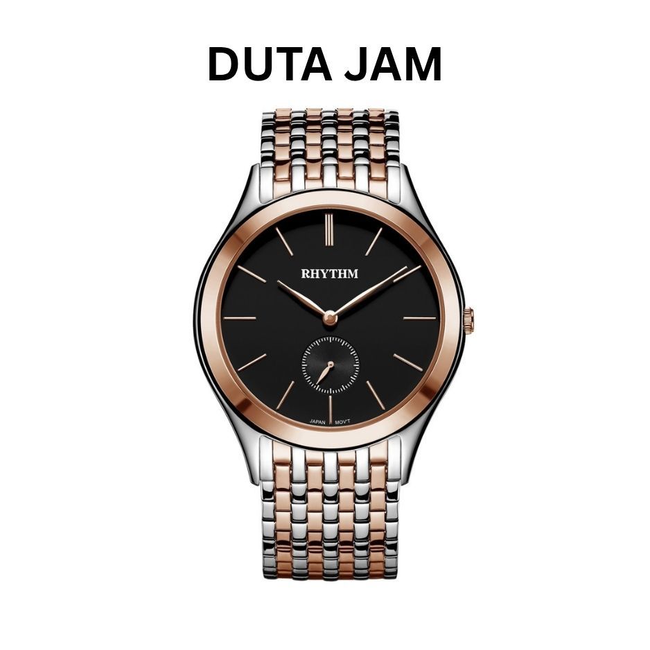 JAM TANGAN PRIA RHYTHM P1301 S06 P1301S06 ANALOG SILVER ROSEGOLD DIAL BLACK STAINLESS STRAP