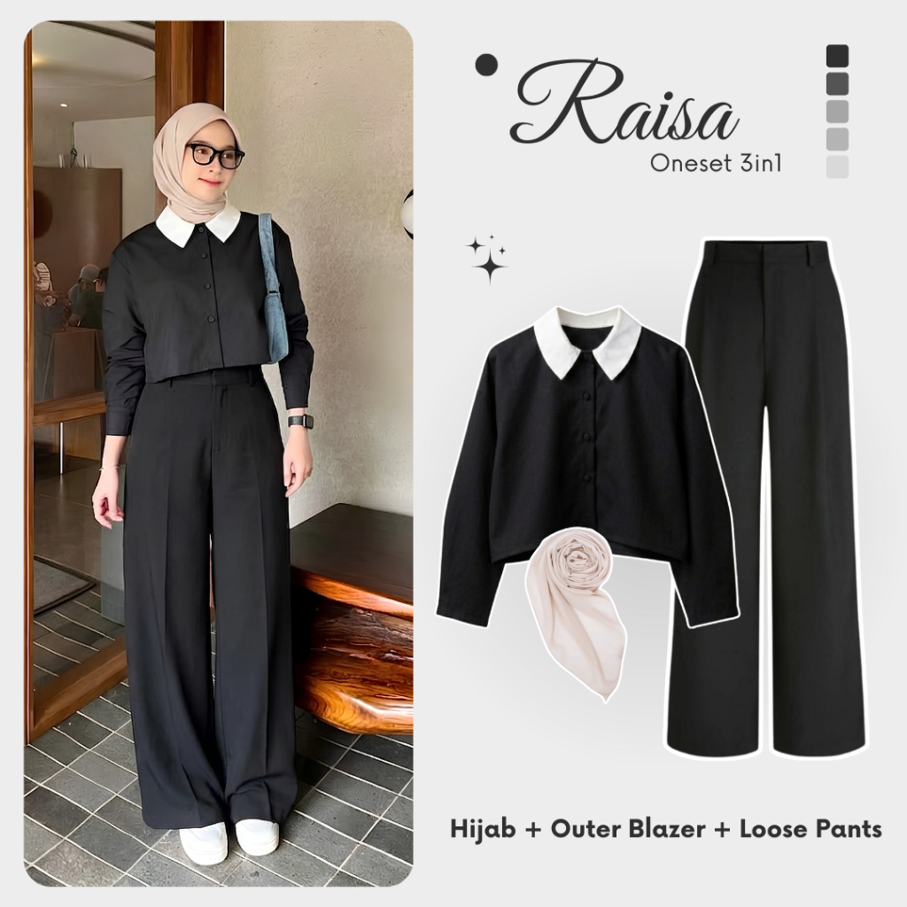 Raisa One Set 3in1 Wanita Premium | Outer Blazer Crop + Loose Pants High Waist + Hijab Bella Square 