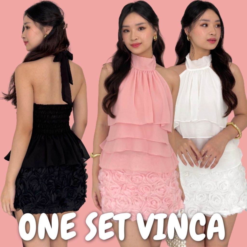Bangkok Medan | One Set Vinca Wanita Premium Halter Top Layer Ruffle + Rok Mini Brokat Floral Korean