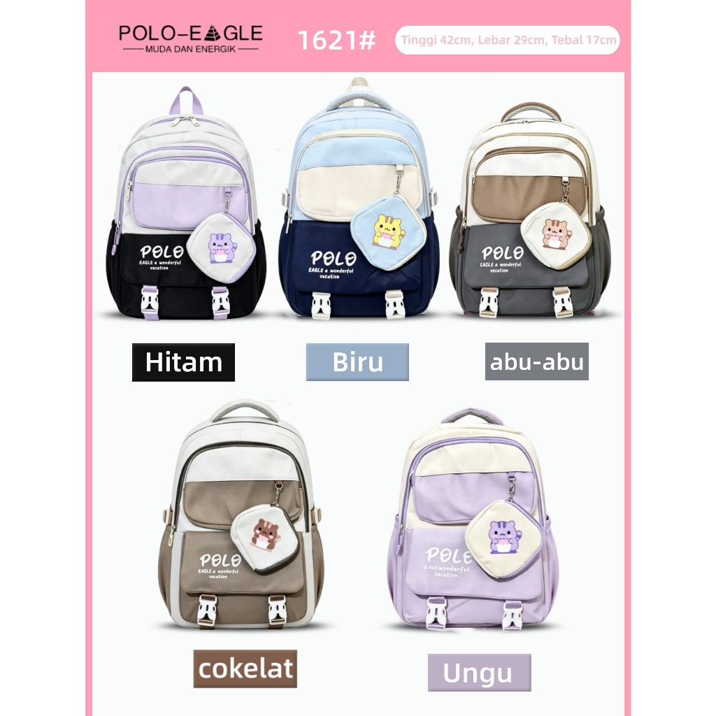 Tas Backpack Anak Perempuan Warna Permen POLO-EAGLE Model 1621 Desain Karakter Hewan Lucu Tali Bahu 
