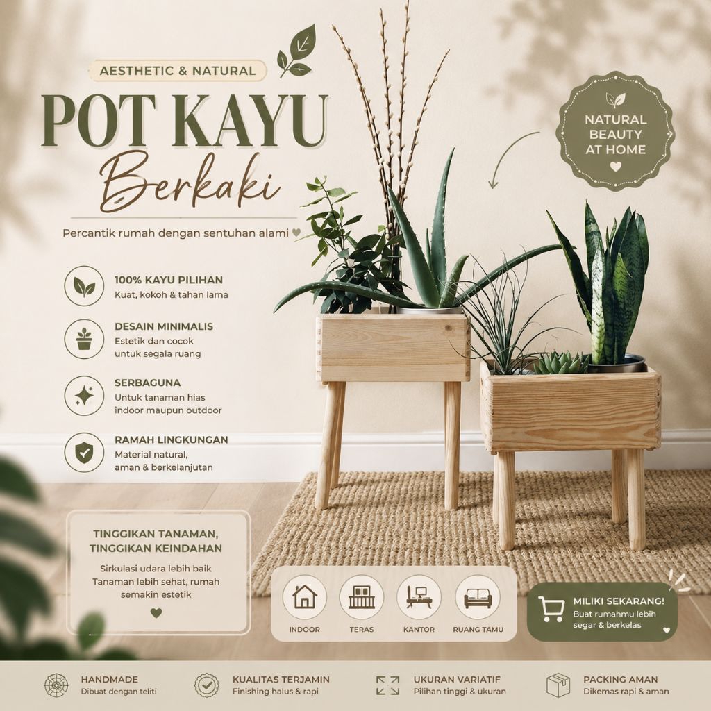 Pot Kayu Stand Pot Kayu Natural berkaki Pot Kayu Kaki Bulat Aesthetic