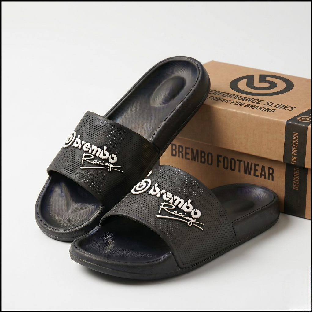 Sandal slop brembo racing performance slides sporty tekstur bintik-bintik logo 3D timbul warna hitam