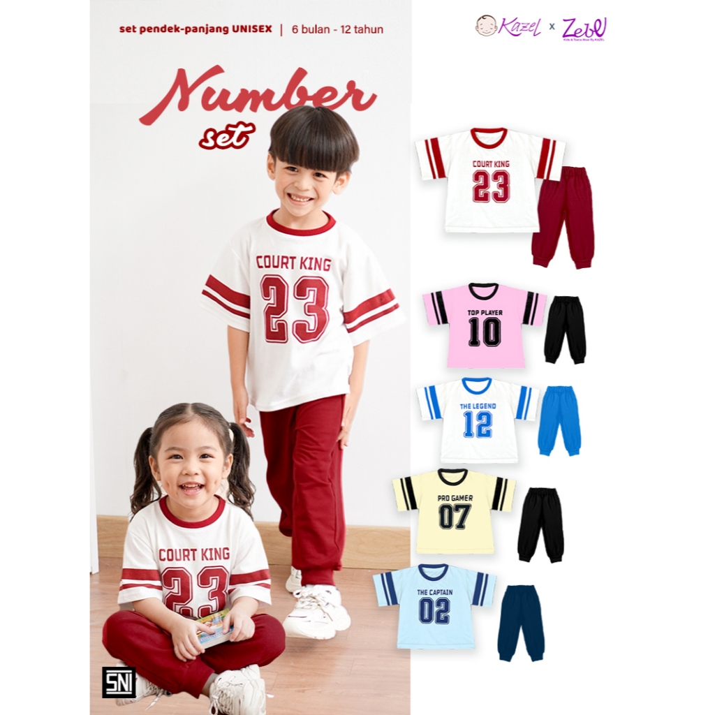 BARU  Setelan Pendek-Panjang Girl & Boy NUMBER SET / Piyama Pendek-Panjang Kazel /Setelan Sporty Ana