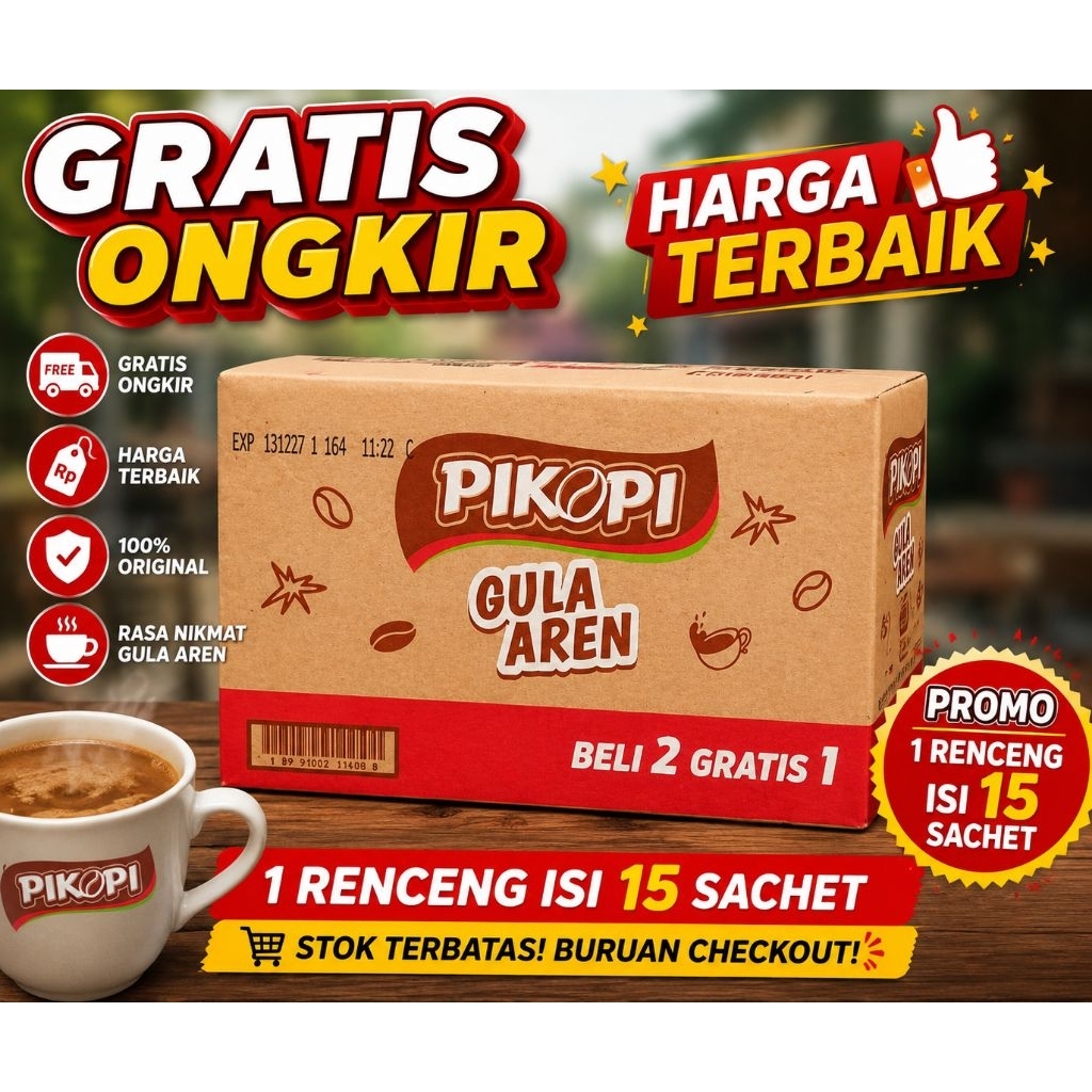 PIKOPI Gula Aren 15 Sachet 1 Renceng | Gratis Ongkir | Promo Harga Termurah | Kopi Gula Aren Origina