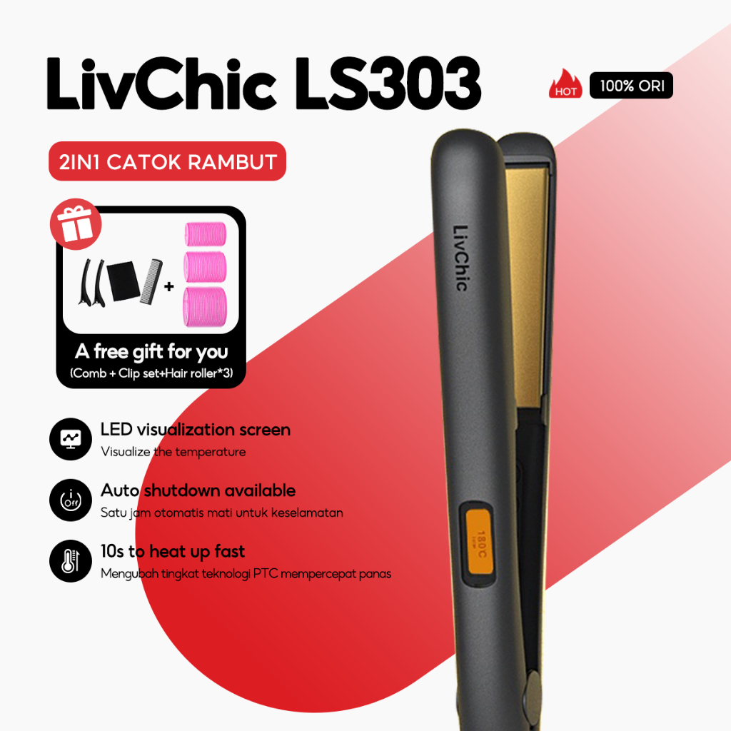 LivChic 2IN1 LS303 Catok Rambut untuk Meluruskan Keriting Ringan Alat pengeriting rambut
