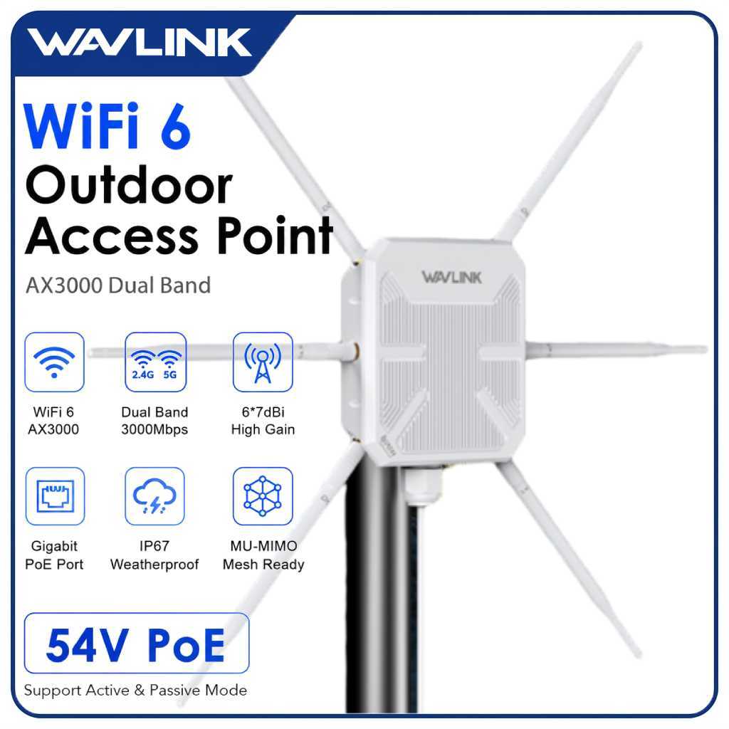 WAVLINK Outdoor WiFi 6 Router AX3000 IP67 Tahan Air 6x7dBi 360° 2402Mbps PoE Mesh Access Point untuk