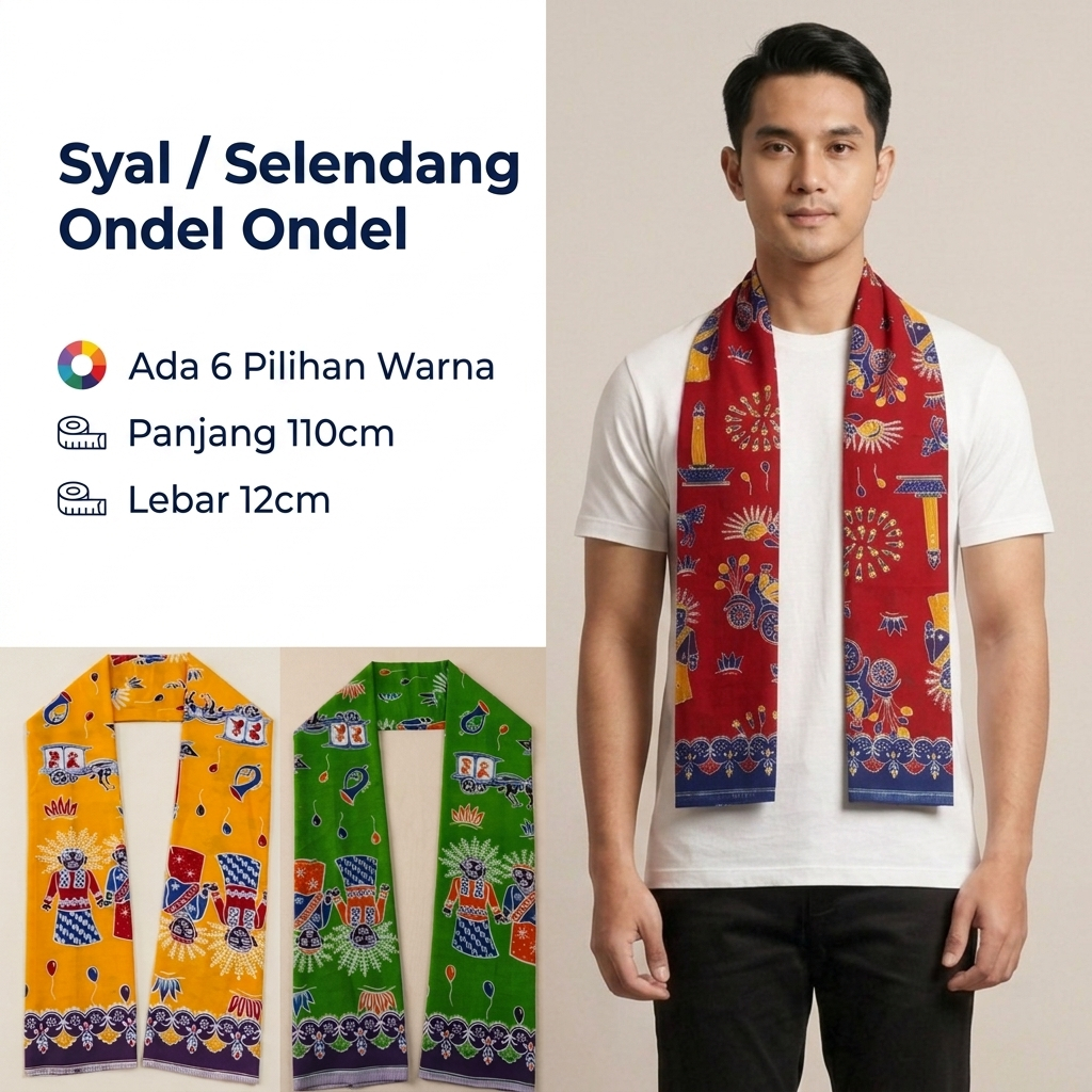 Syal Selendang Batik Ondel Ondel Betawi 110cm | Scarf Motif Khas Jakarta Pria Wanita