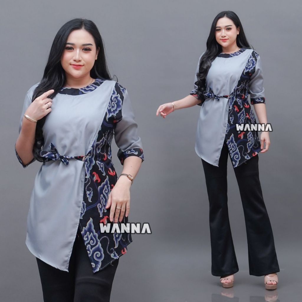 BLUS KERJA baju kerja formal BLUS KOMBINASI TOYOBO atasan wanita ELEGAN abu biru