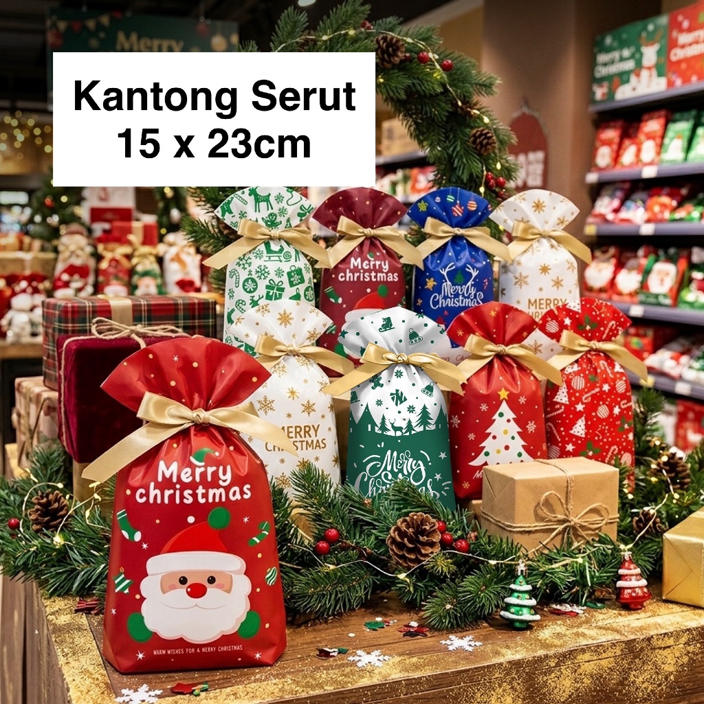 1pc Kantong serut natal, Drawstring Bag, Plastik hadiah, cookies natal, christmas, goodie bag natal,