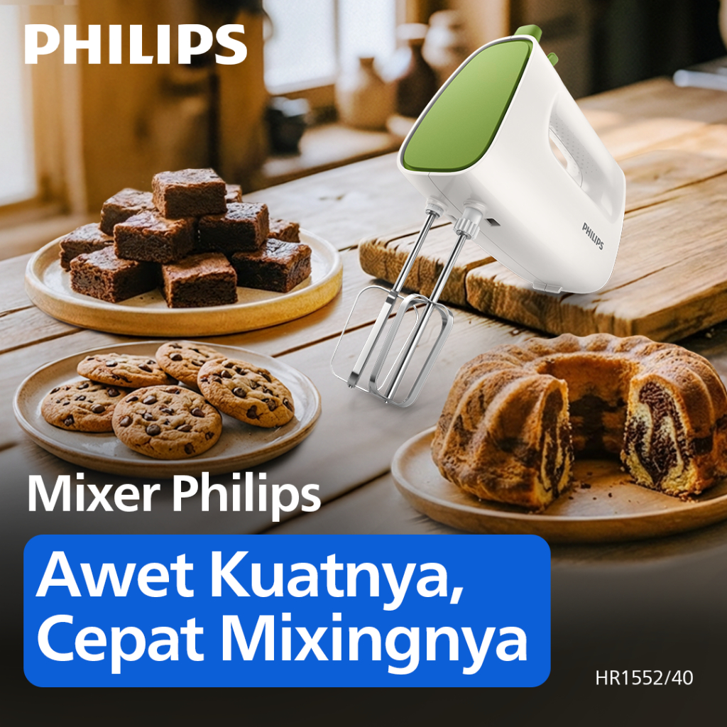 Mixer Tangan Philips HR1552/40 - Hijau 170W, 5 Kecepatan, Pengocok Kerucut Stainless Steel