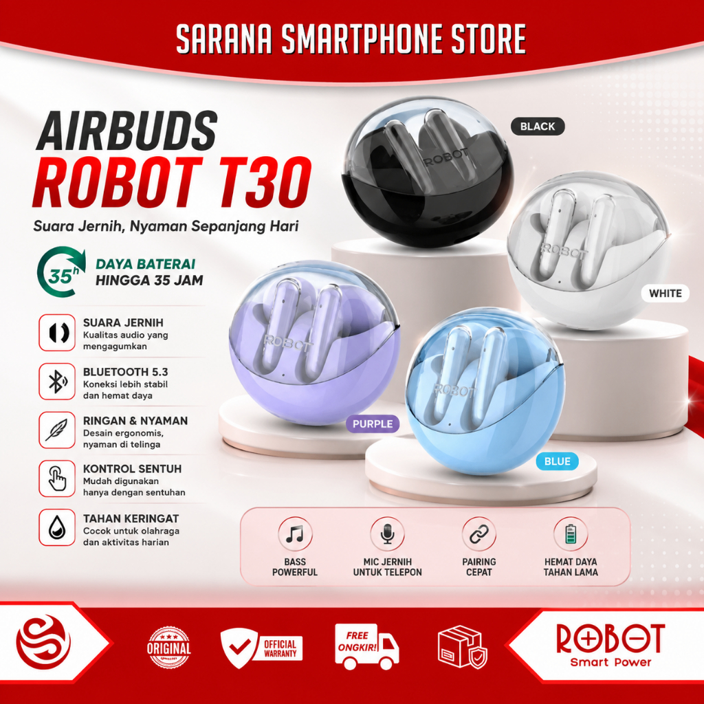 ROBOT TWS Wireless Earphone Airbuds T30 With Transparent Case Bluetooth