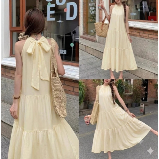 Heidi Midi dres Dress Midi Wanita Tanpa Lengan Halter Neck Korean Style Casual Outfit Pantai Kekinia