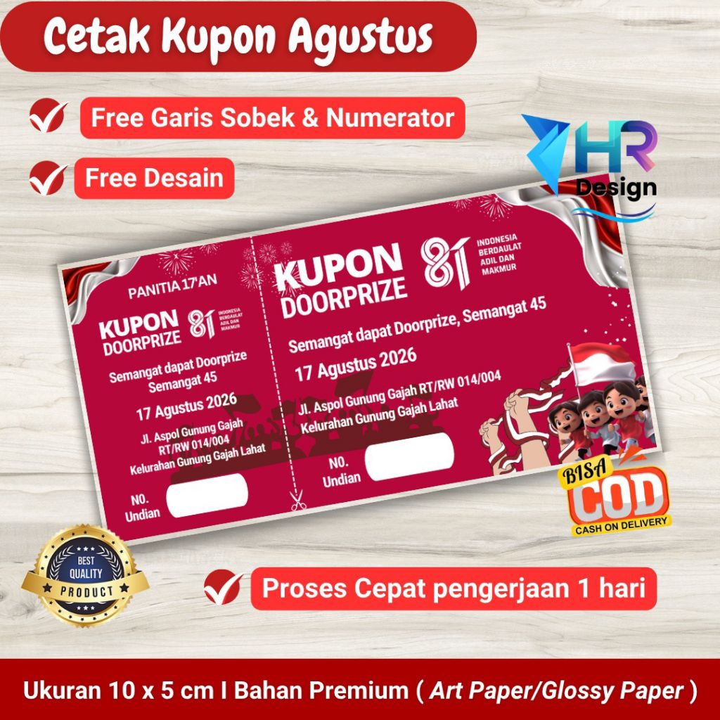 Cetak Kupon Doorprize Hadiah 17 Agustus Free Desain / Kupon Jalan Sehat / Kupon HUT RI / Kupon Lomba