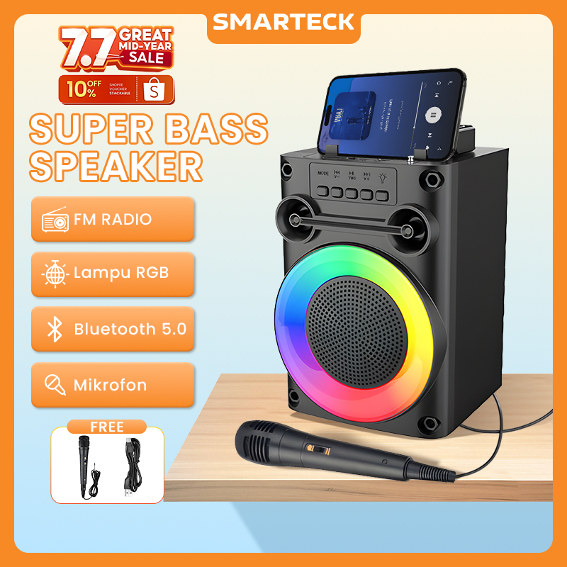 Smarteck Bluetooth Karaoke Speaker SK11 Super Bass 4.5 Inch Microphone Radio FM Waterproof RGB Lampu