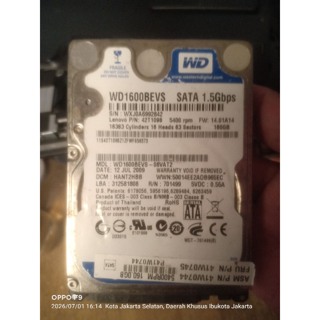 harddisk laptop wd 160gb sentinel 100%