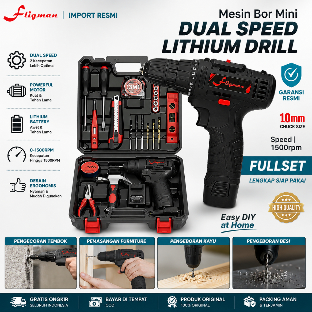 Fligman Mesin Bor Mini Baterai 10mm Brushless 12V