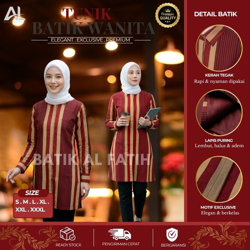 Batik Alfatih - Tunik Batik Premium Lengan Panjang Full Puring Motif Pradana Warna Merah
