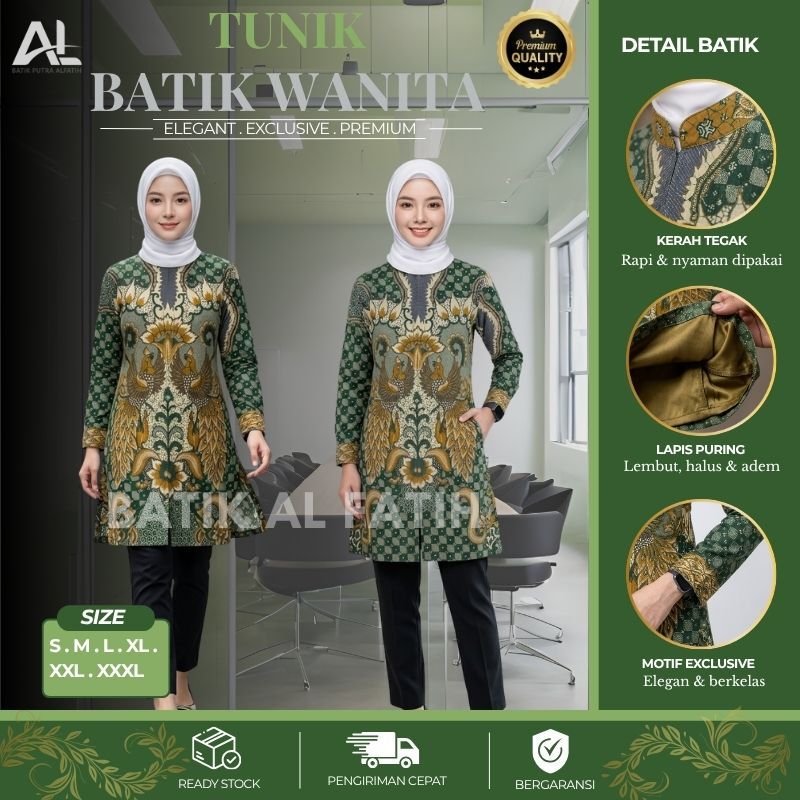 Batik Alfatih - Tunik Batik Premium Lengan Panjang Full Puring Motif Mayura Kusuma Warna Hijau