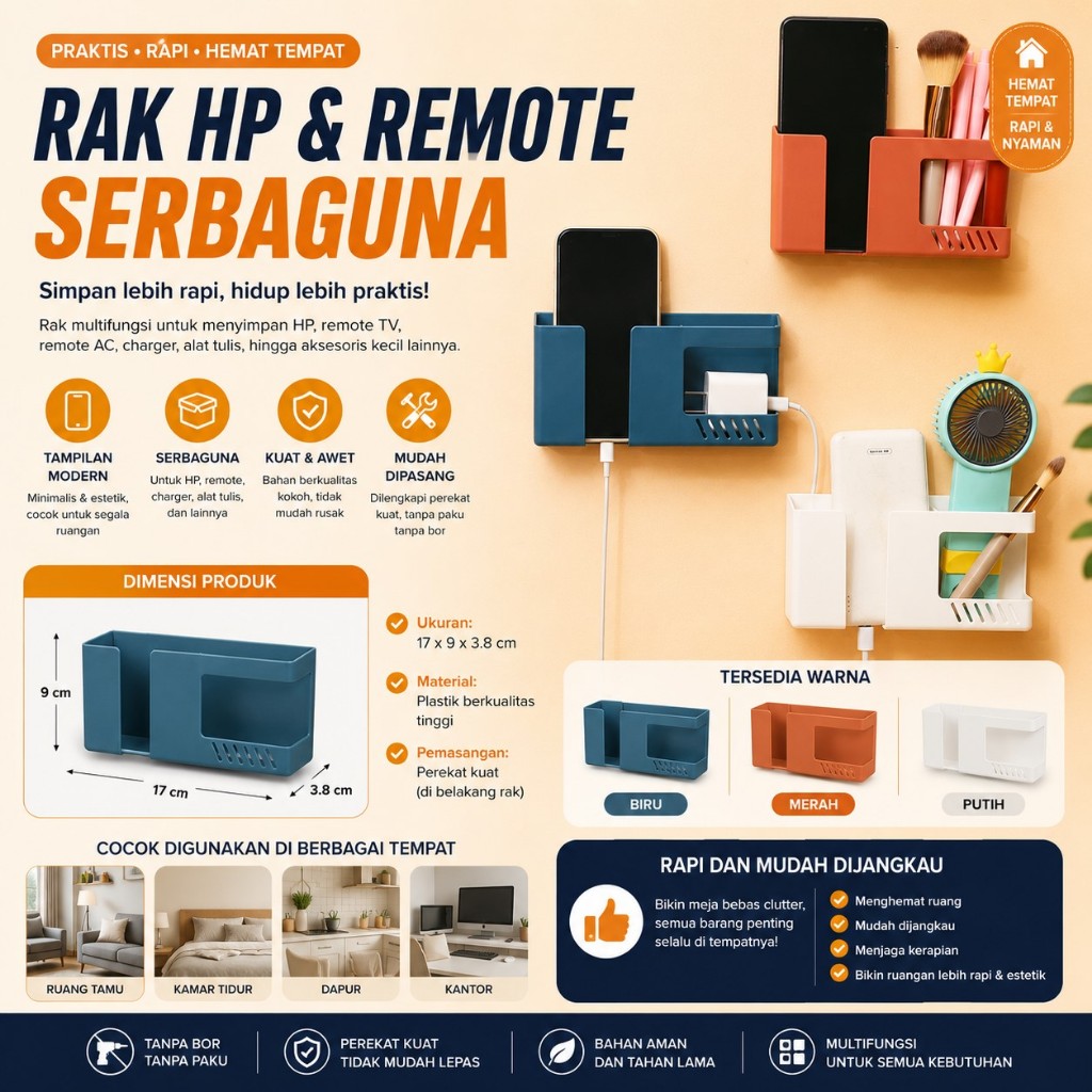 Rak Hanger Tempel Dinding Remote Tv Ac Smartphone Multifungsi Rak Penyimpanan Remote