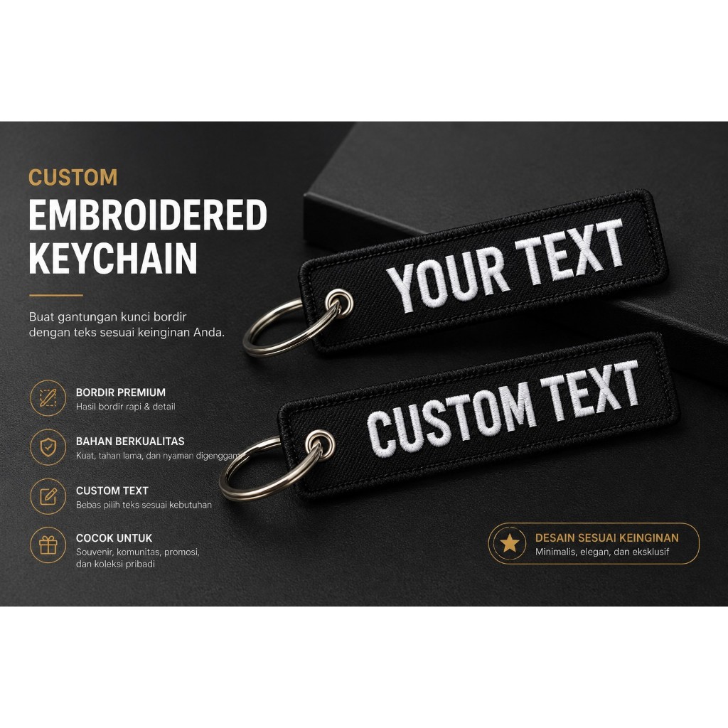 Gantungan Kunci Bordir Custom Nama | Embroidered Keychain Premium | Bebas Teks | Souvenir & Merchand