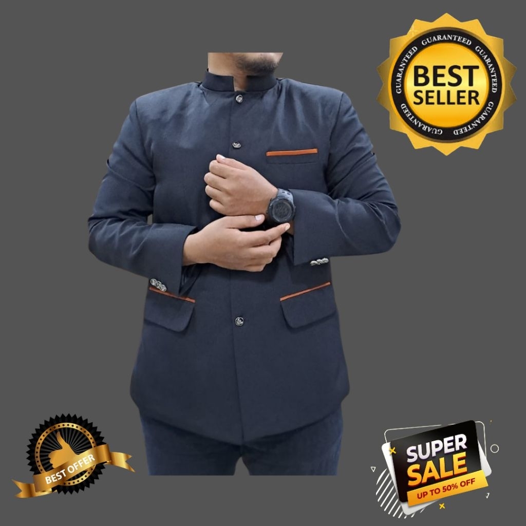 Jas Koko Jasko Mandarin Pria Warna Hitam List Saku Coklat