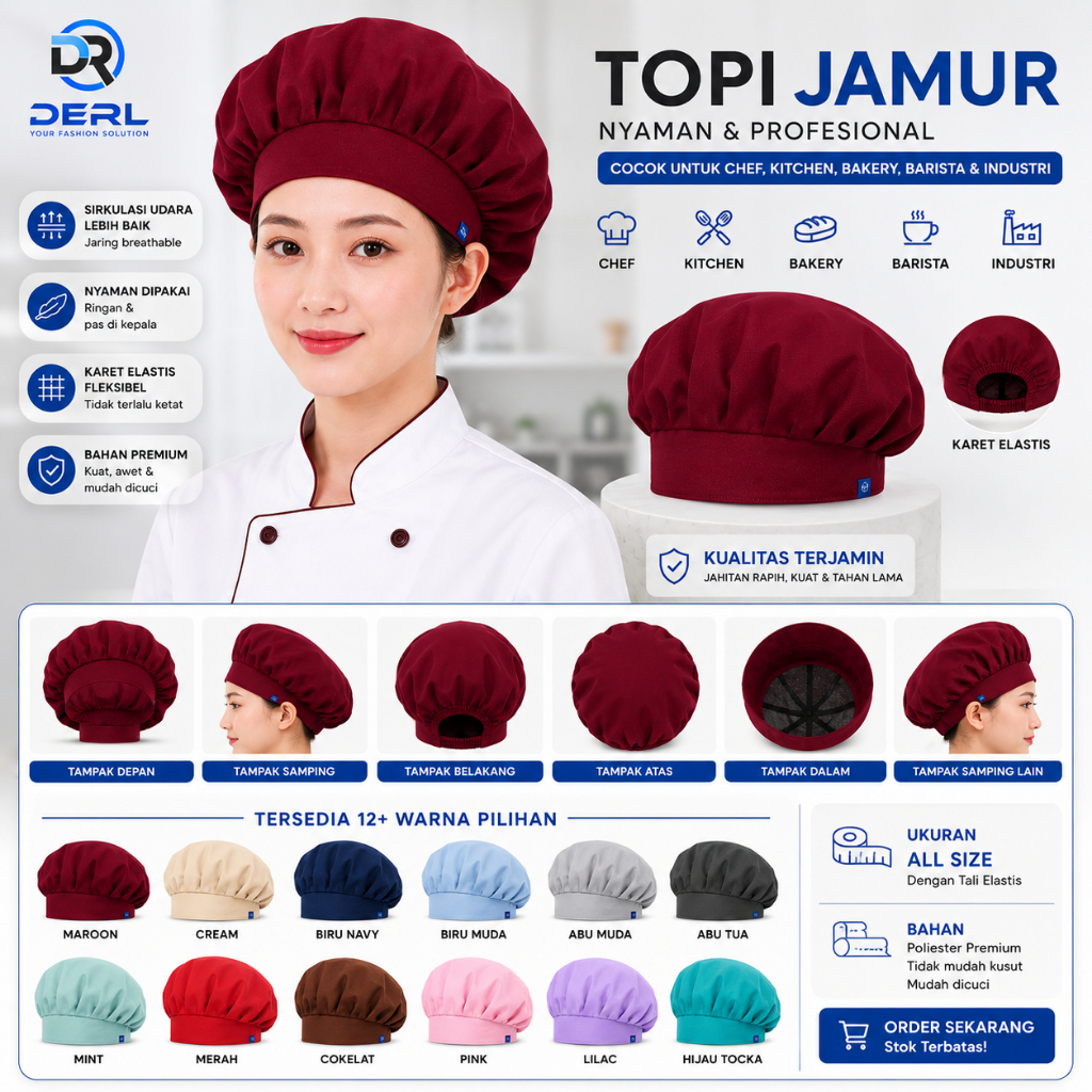 Topi Jaring & Topi Jamur Chef Premium DERL | Topi Koki Perawat Kitchen Cafe Hotel Restoran Topi Chef