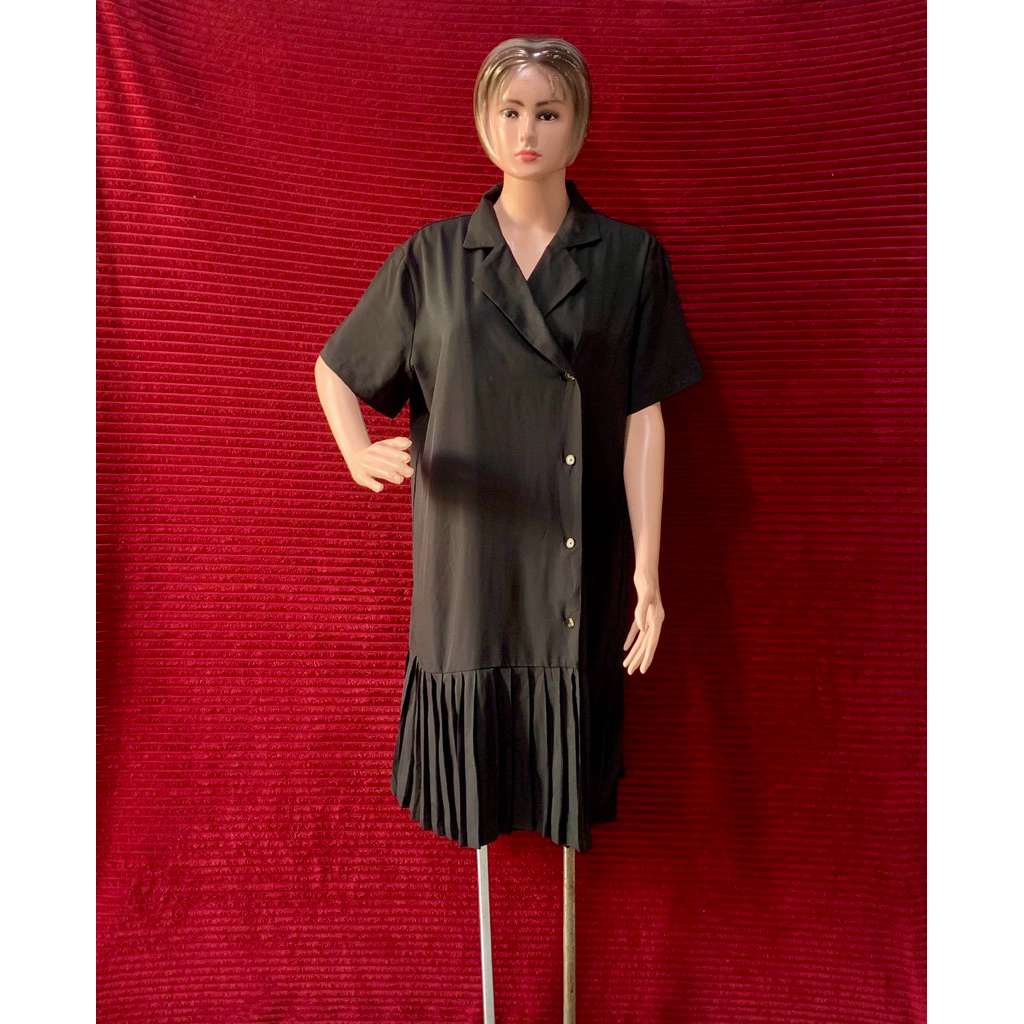 CASUAL DRESS WANITA HITAM ALA COAT PLISKET FREESIZE |  CANTIK KEKINIAN V NECK| FORMAL BIG SIZ