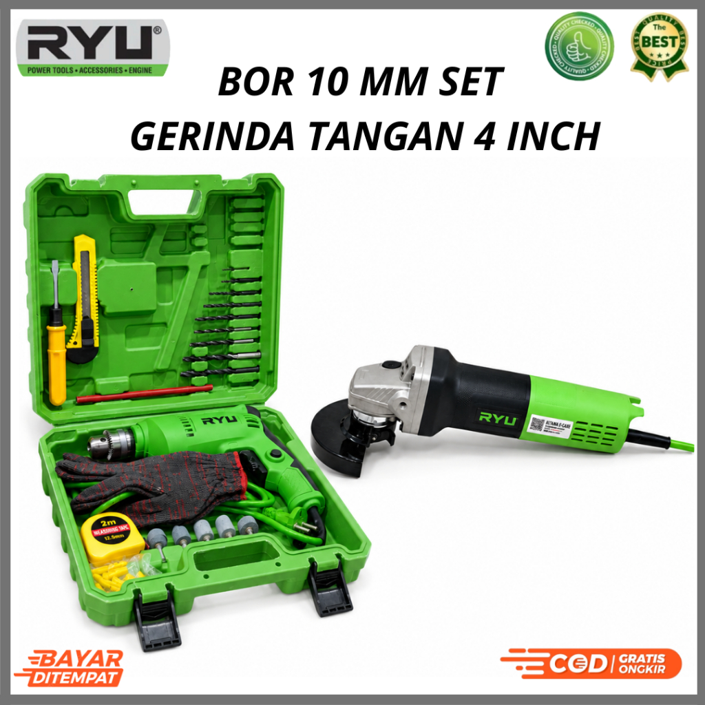 Ryu Mesin Bor Besi Kayu Baja Ringan 10 MM RDR 10-3 REB Set Gerinda Tangan Listrik 4 Inch RSGN 100-6 