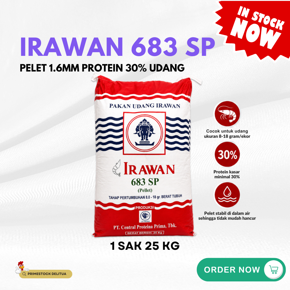 Pakan Udang Irawan 683 SP 1 Sak 25Kg Pelet 1.6mm Protein 30% Udang Vaname Windu CP Prima