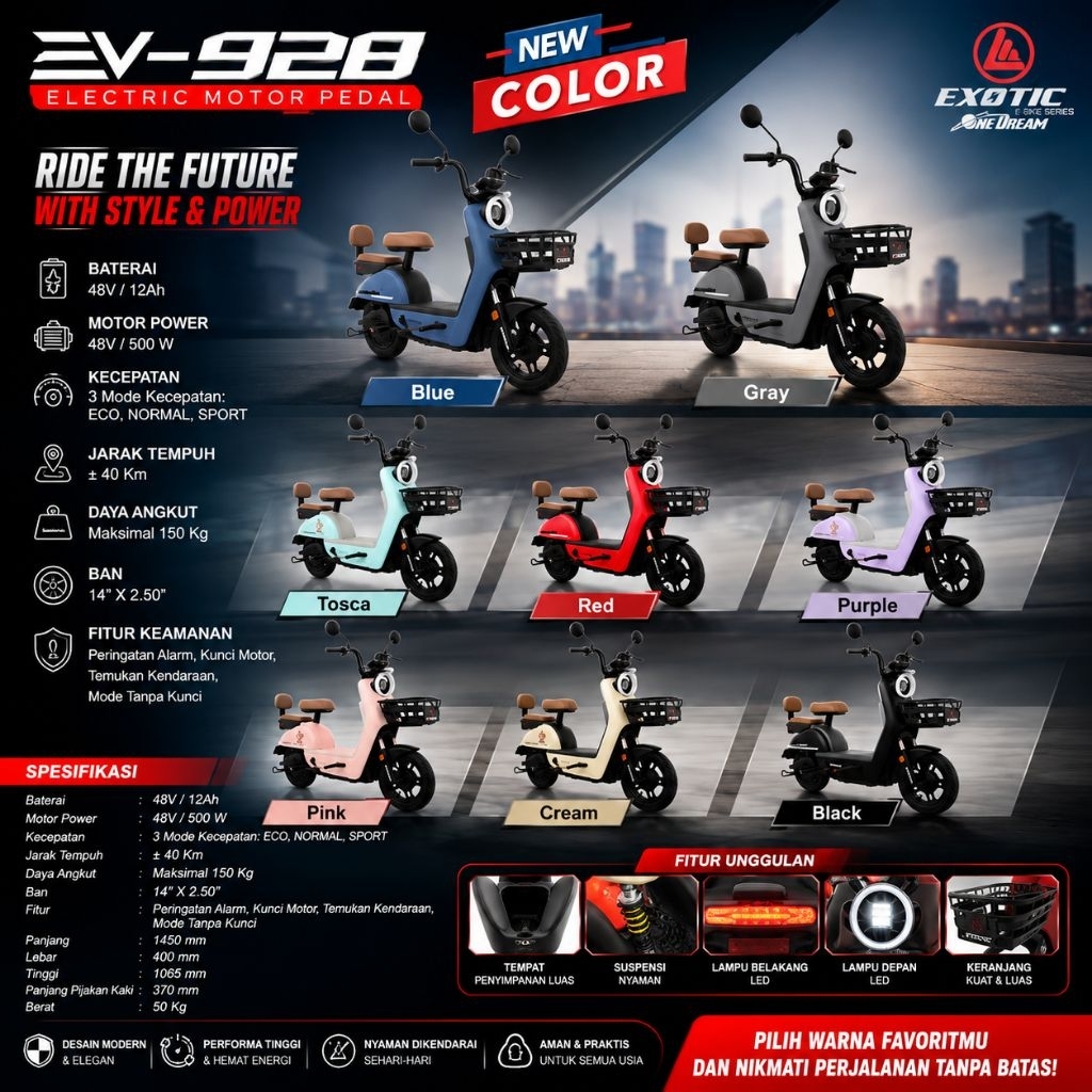 SEPEDA MOTOR LISTRIK EV-928 ELECTRIC MOTOR PEDAL EXOTIC SEPEDAH LISTRIK